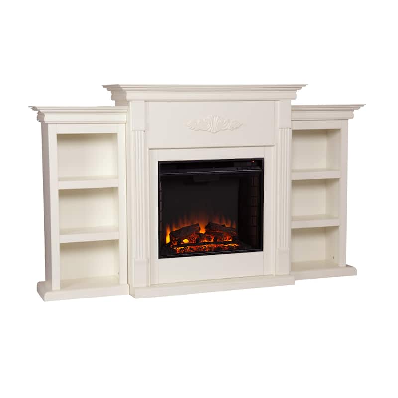 SEI Furniture Electric Fireplace 70-inch Mantel with Bookcase Storage, Ivory