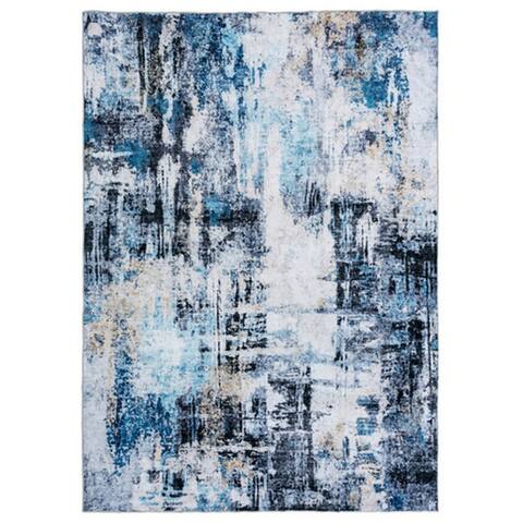 Rue Medium Soft Fabric Floor Area Rug, Washable, Abstract Blue and White Design - 9'3" x 12'3" - 9'3" x 12'3"