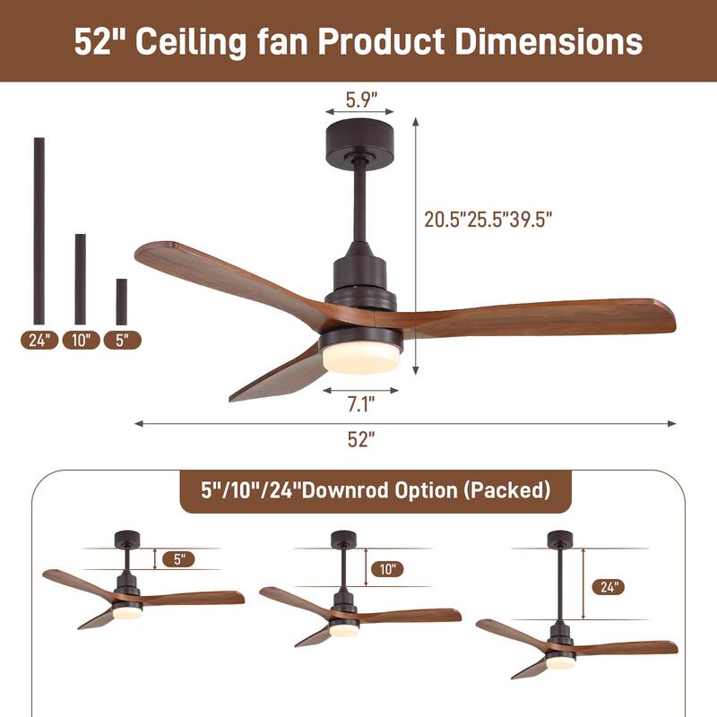 Sofucor 52 Inch Ceiling Fan with Light and Remote,Smart Optional,Quiet DC Motor for Bedroom Living Room Farmhouse Patio Porch