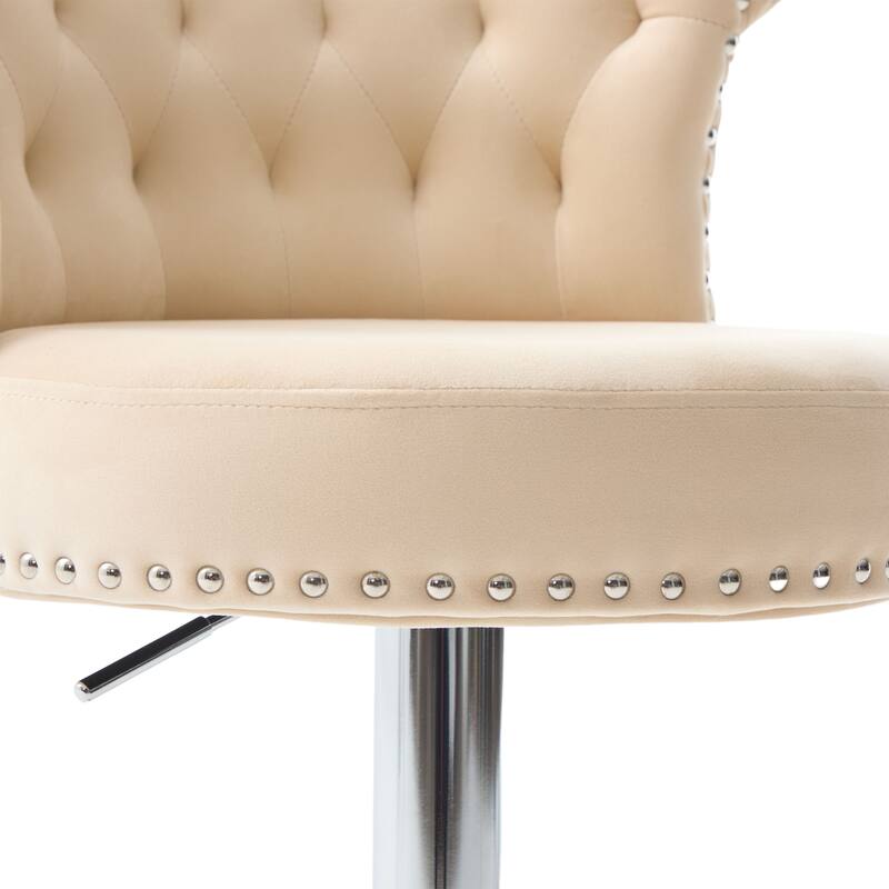 Velvet Upholstered Bar Stool Set of 2, Adjusatble Height Swivel Bar Stools, Dining Chairs with Curved Backrest & Footrest