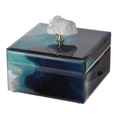 Eve 6 Inch Decorative Accessory Box, Elegant Stone with Finial Accent, Blue