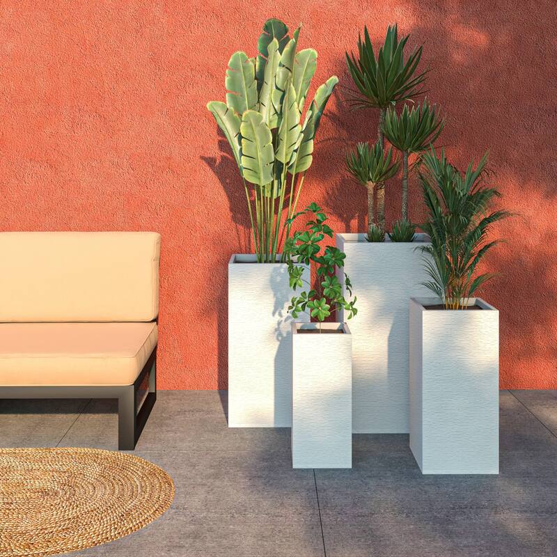 Basalt 4-Piece Tall Square Planter Set, Durable Fiberstone & Clay, Weather-Resistant Indoor/Outdoor Pots with Drainage