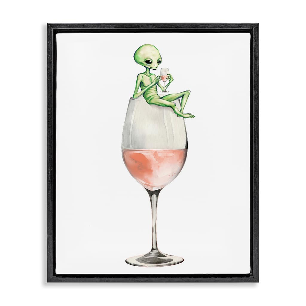 Stupell Lounging Alien on Wine Glass Framed Floater Canvas Wall Art Design By Lil' Rue