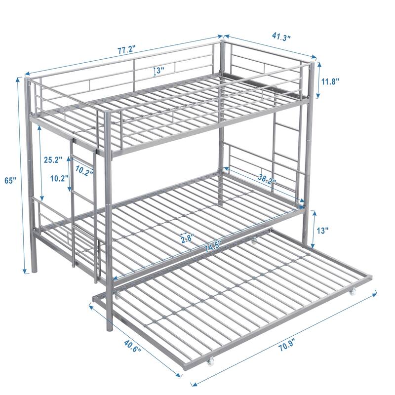 Twin Over Twin Bunk Bed with Trundle, Convertible Metal Bunkbeds with 2 Ladders and Guardrails, Space Saving, No Box Spring