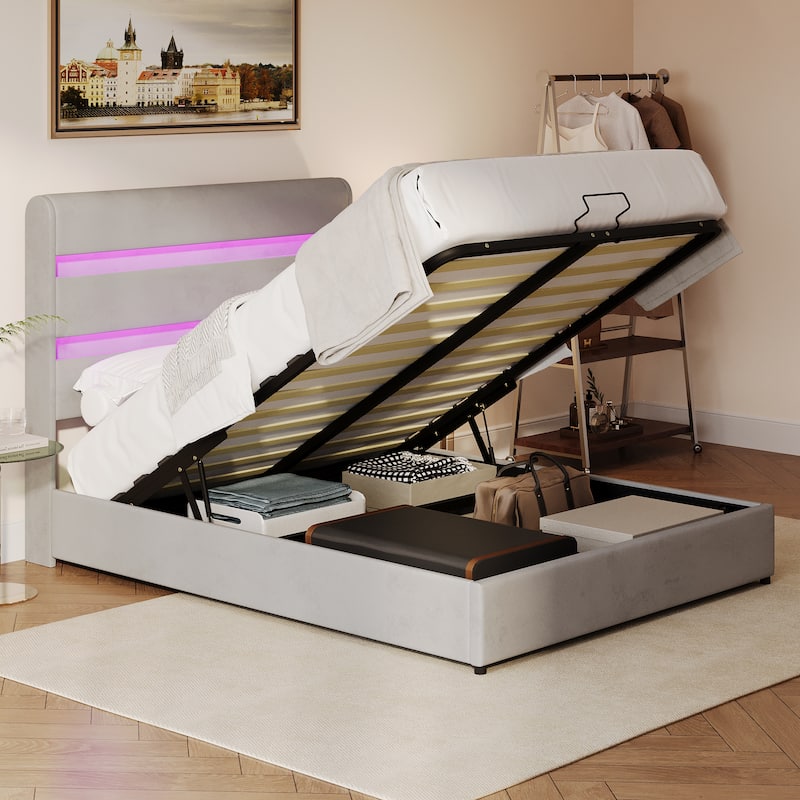 LED Storage Bed with Velvet Upholstery Headboard & Footboard, Grey Full