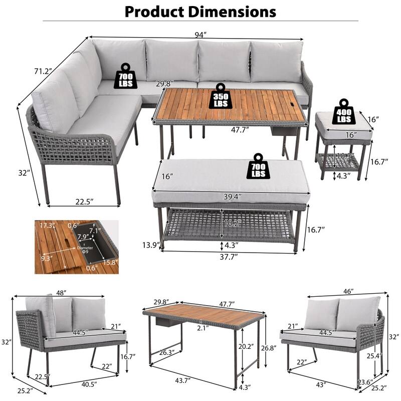 6-Pieces Wicker Outdoor Sectional Set with Wood Table Ice Box and Cushions