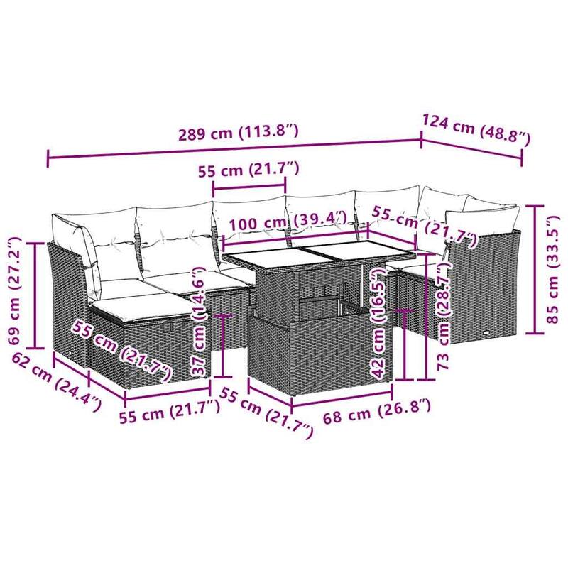 vidaXL Patio Sofa Set with Cushions Outdoor Furniture 8 Piece Poly Rattan - 21.7 x 39.4 x 28.7 in