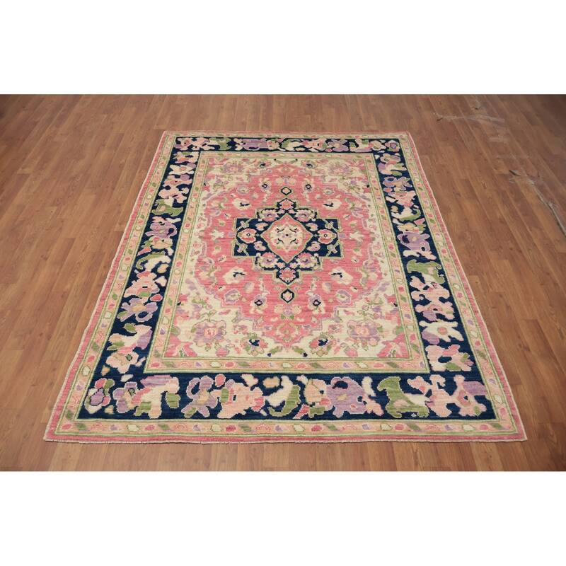 Hand Knotted Oriental 100% Wool Carpet Transitional Medallion Pink Oushak Area Rug - 6' 7'' X 5' 2''