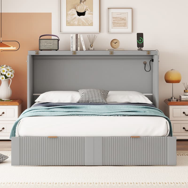 Full Size Murphy Bed with Pulley Design, Drawer, and USB Ports