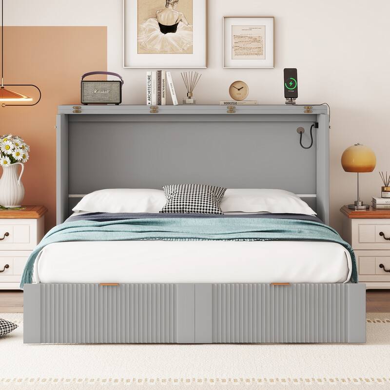 Gray Full Size Murphy Bed with Pulley Design, Drawer, and USB