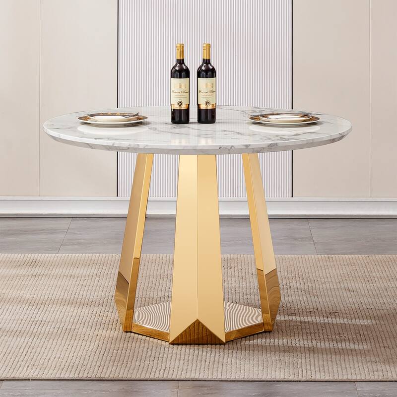 47" Round Dining Table with Faux Marble Tabletop and Stainless Steel Base - Gold+White