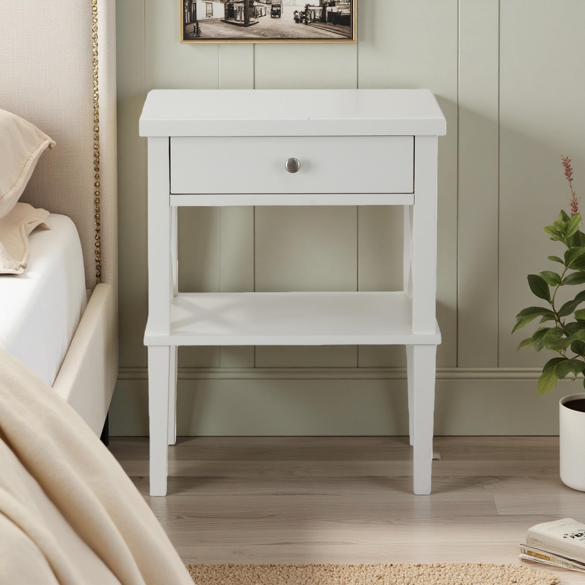 22"L 1-Drawer Nightstand with Solid Wood Construction, Brushed Nickel Pull, Full Extension Glide, and Open Shelf