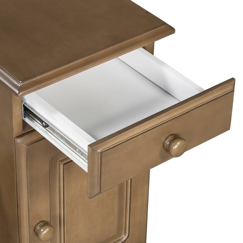 Vintage End Table Flip Top Side Table with USB Ports, One Multifunctional Drawer with cup holders, Sofa Couch Table w/ Bookshelf
