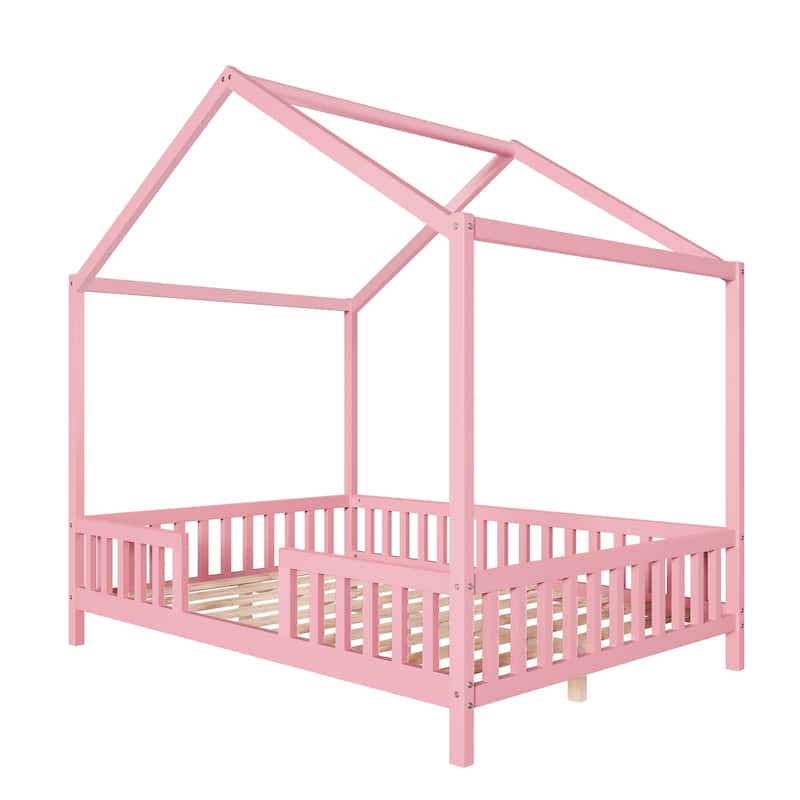 Full Size House-Shaped Kids Bed with Canopy and Safety Railings, Pink