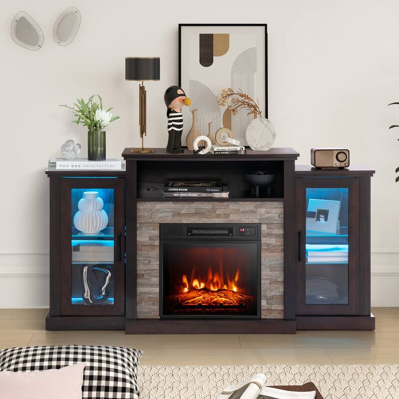 Electric Fireplace TV Stand with 16-Color LED Lights and Adjustable Glass Shelves for Living Room - 59" x 10" x 32.5"