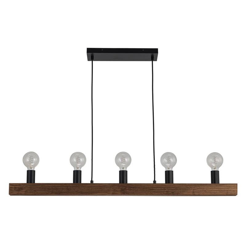 Rustic 5-Light Wood Beam Linear Chandelier - Matte Black & Brown Wood