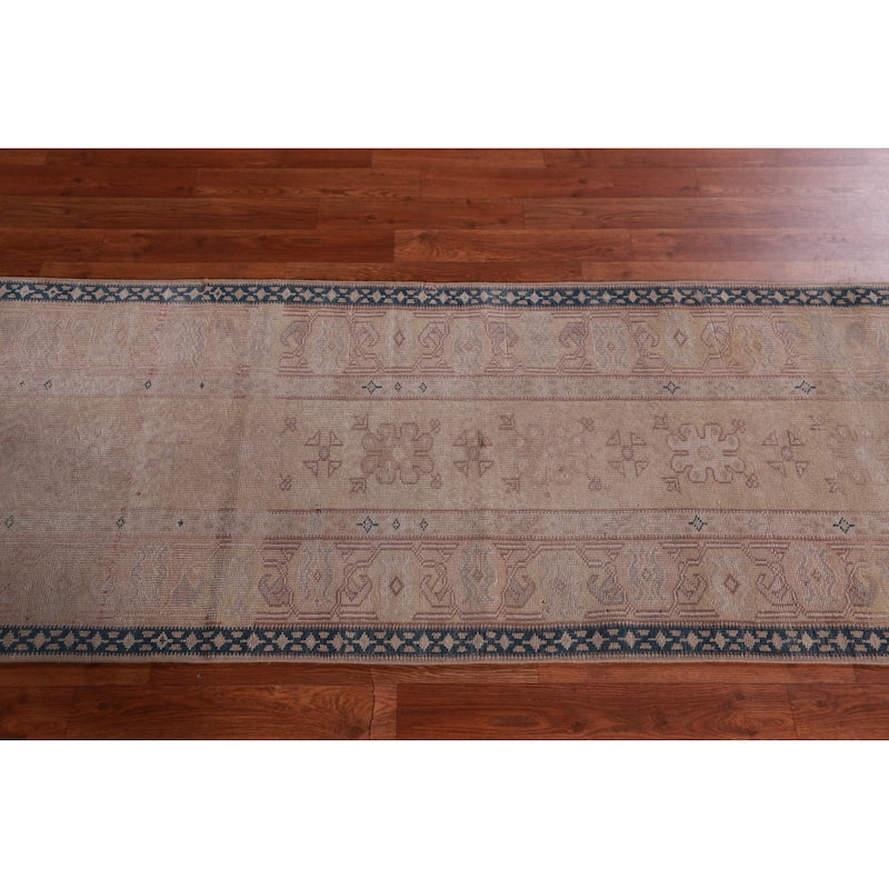 Hand Knotted Oriental 100% Wool Carpet Transitional Geometric Peach Oushak Runner Rug - 13' 8'' X 2' 4''