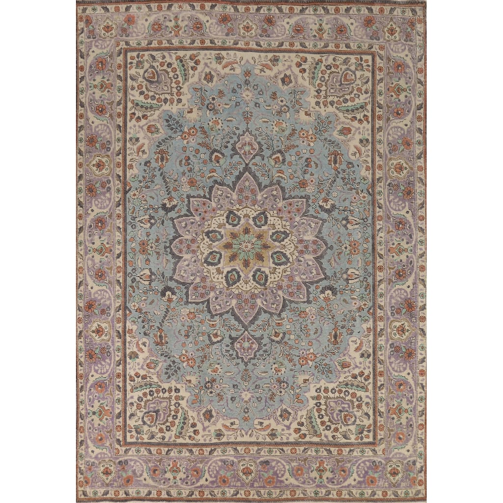 Light Blue Tabriz Persian Area Rug Handmade Floral Wool Carpet - 8'5"x 11'5"