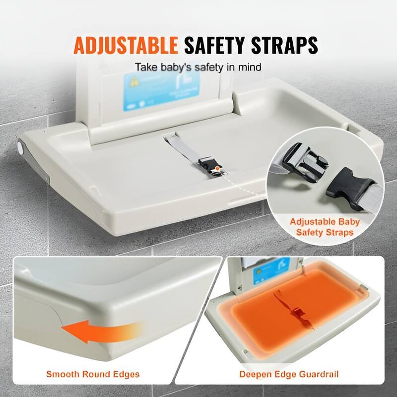 Gray HDPE Foldable Wall Baby Changing Table with Safety Belt & Rods - 33.86 x 22.24 x 19.69 inch