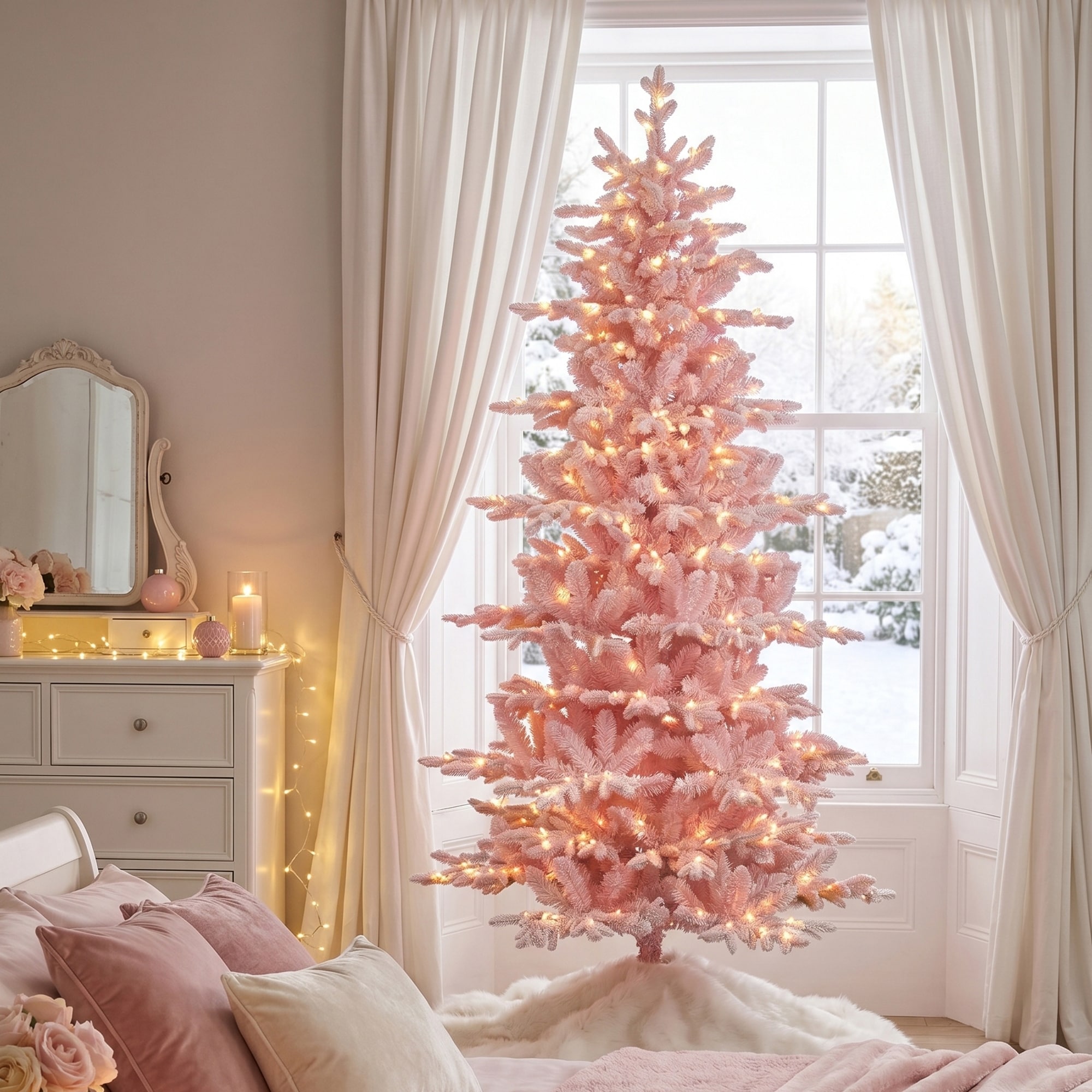Glitzhome 6ft/7.5ft Pre-Lit Pink & White Flocked Slim Fir Artificial Christmas Tree, 9 Light Modes with Foot Pedal