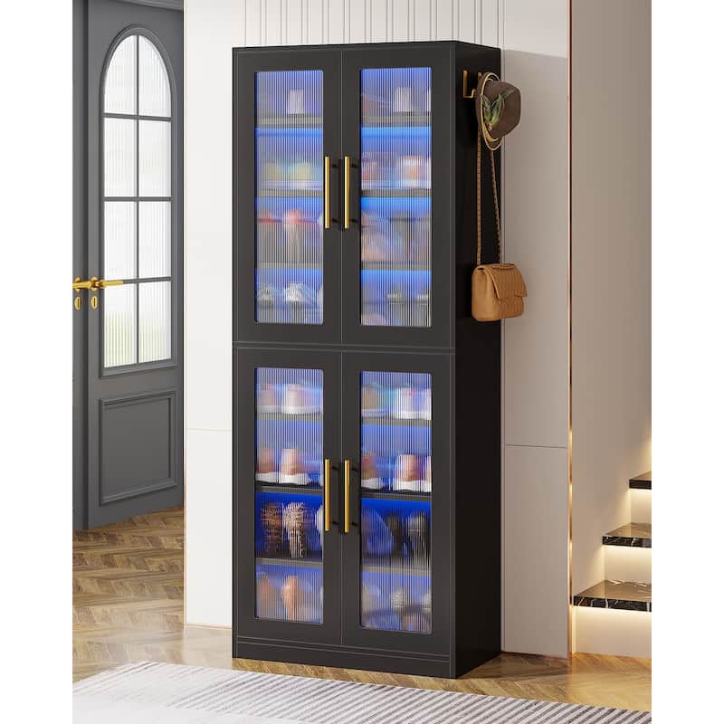 Modern Tall Entryway Shoe Storage Cabinet with Acrylic Doors and LED Light - 8-Tier