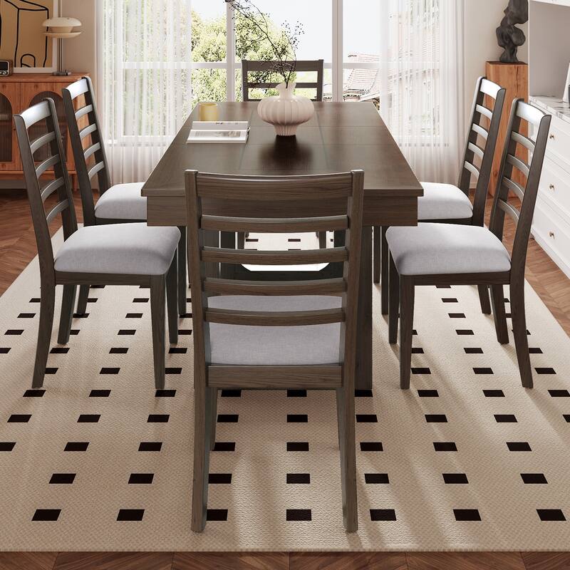 Extendable Farmhouse Dining Set for 6, 78" Rustic Wood Table with 18" Leaf and 6 Upholstered Chairs for Dining Room