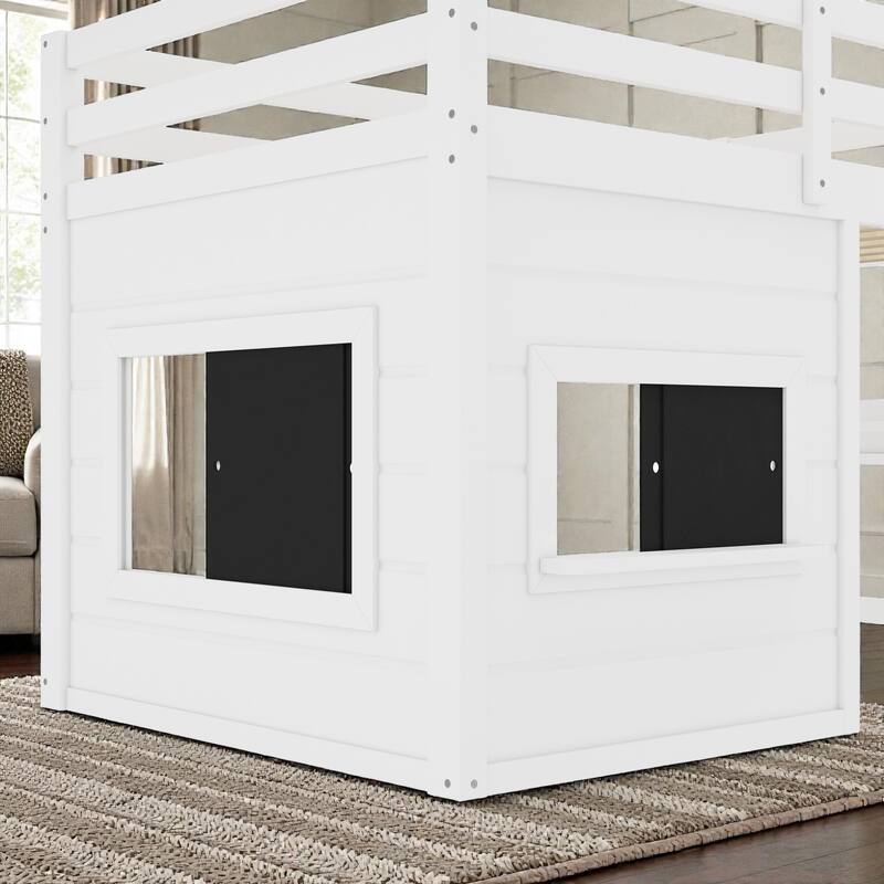 Twin/Full Loft Bed with Sliding Chalkboard, Built-in Bookshelf, Solid Wood Frame & Safety Guardrails, Kids Playhouse Bed