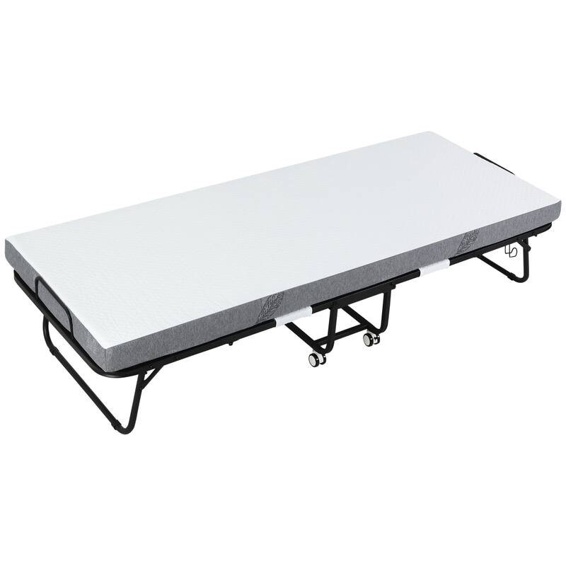Twin Size Steel Foldable Bed with 4" Mattress and Wheels