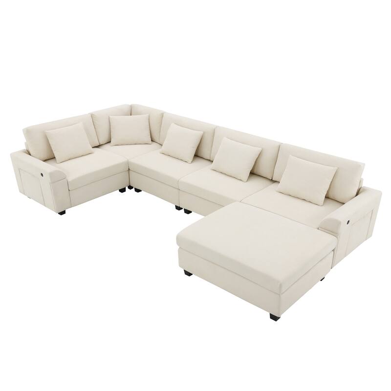 U Shaped Sectional Sofa with Ottoman, Chenille 6 Seater Sofa with Hidden Armrest Storage, Cup Holders & USB Charging Ports