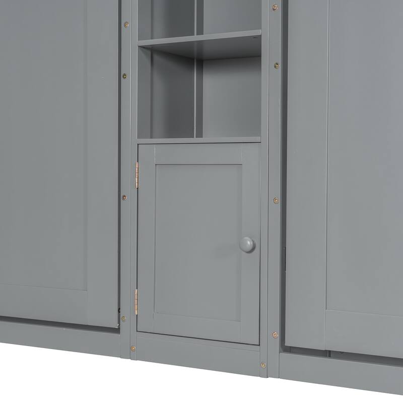 Dual Twin Wall Murphy Bed with Storage Cabinet and Display Shelves, Foldable Wooden Bed Frame for Apartments or Guest Rooms