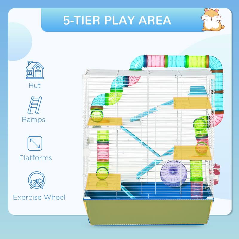 PawHut Extra Large 23" Hamster Cage with Tubes and Tunnels, Portable Carry Handles, Rat House and Habitats Big 5-Tier Design