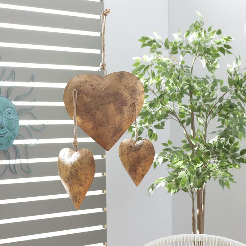 Metal Heart Tibetan Inspired Decorative Bells with Jute Hanging Rope - Set of 3 Red, Silver or Gold - Roche River Decor