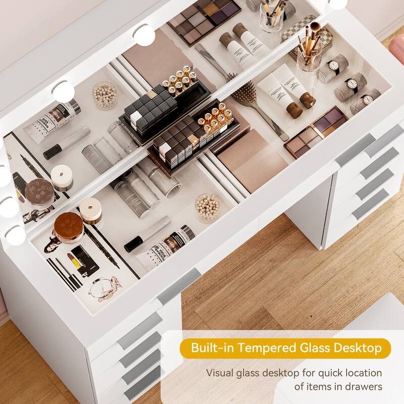 Moasis 10-Drawer Cosmetic Vanity Desk Set with Glass Tabletop Makeup Vanity with Stool