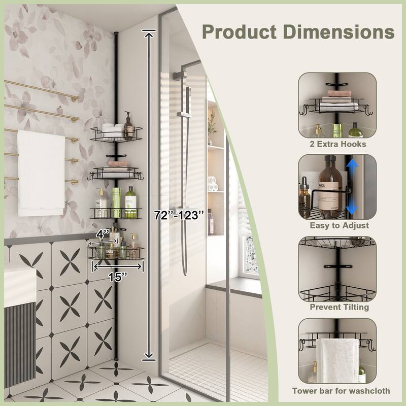Tension Pole Corner Shower Caddy with 4 Adjustable Baskets