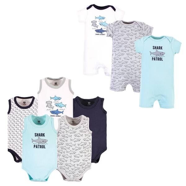 slide 1 of 1, Hudson Baby Infant Boy Cotton Bodysuits and Rompers, 8-Piece, Shark Patrol 0 - 3 Months - Blue