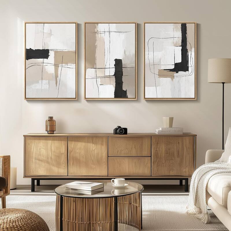 Large Framed Neutral Abstract Wall Art, Black White Beige Minimalist