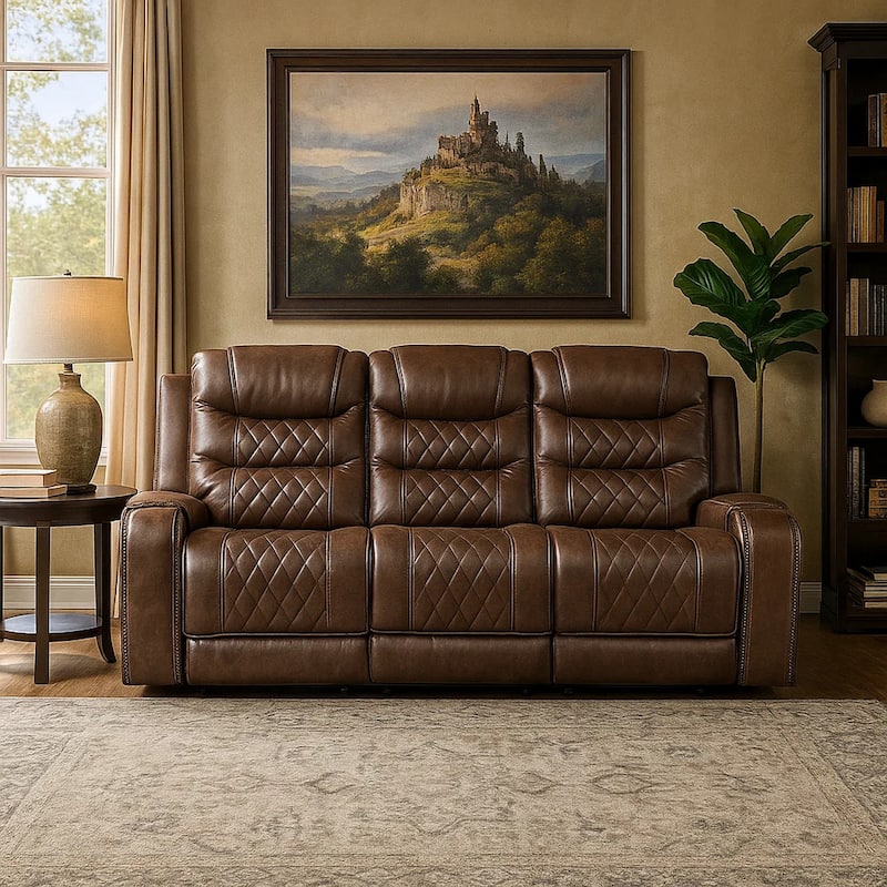 Paul 87 Inch Power Recliner Sofa, Drop Table Cupholders Brown Faux Leather