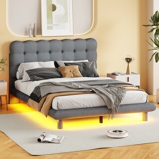 Full Size Velvet Upholstered Platform Bed With LED Frame,Button-tufted ...