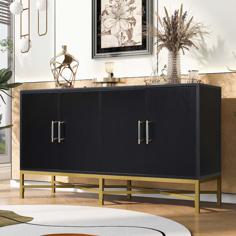 Four-Door Sideboard with Metal and Cross-Leg Design,Suitable for Living Rooms,Entrance and Study - Black