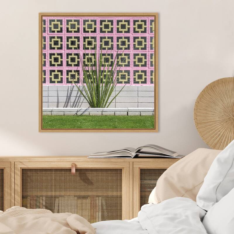 Mid Century Breeze Block Wall with Cactus by Tom Windeknecht Framed Canvas Wall Art Print - Sylvie Natural