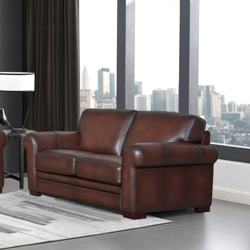 Hydeline Brookfield Top Grain Leather Loveseat With Feather, Memory Foam and Springs