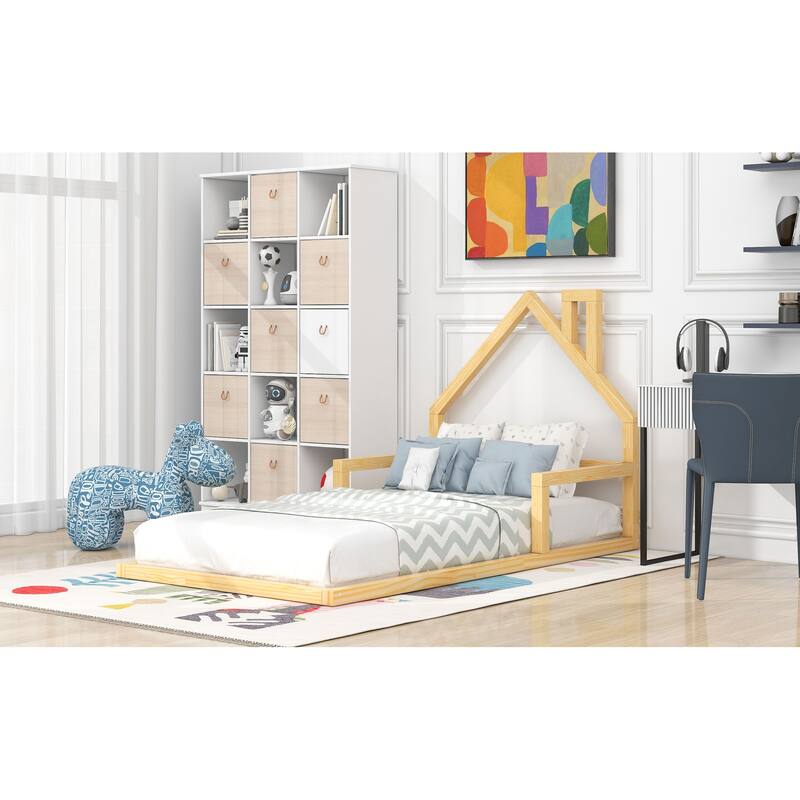 Twin/Full Wood Floor Bed with House-Shaped Headboard, Modern Bed for Kids, No Box Spring Needed, Pine Wood Frame