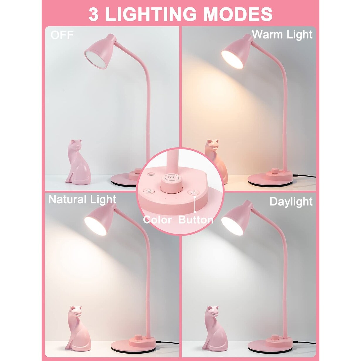 Cute Desk Lamp , Pink Lamp 3 Color Modes Dimmable Reading Lamp