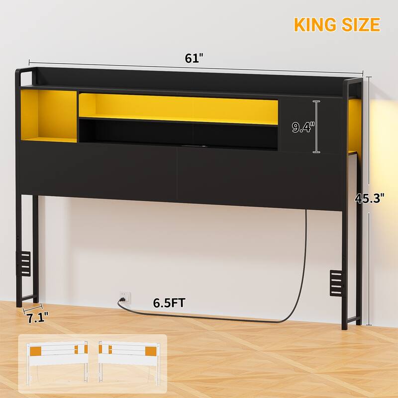 Storage Headboards with Power Outlet and LED Light, Head board with Storage Shelves for Bed Frame