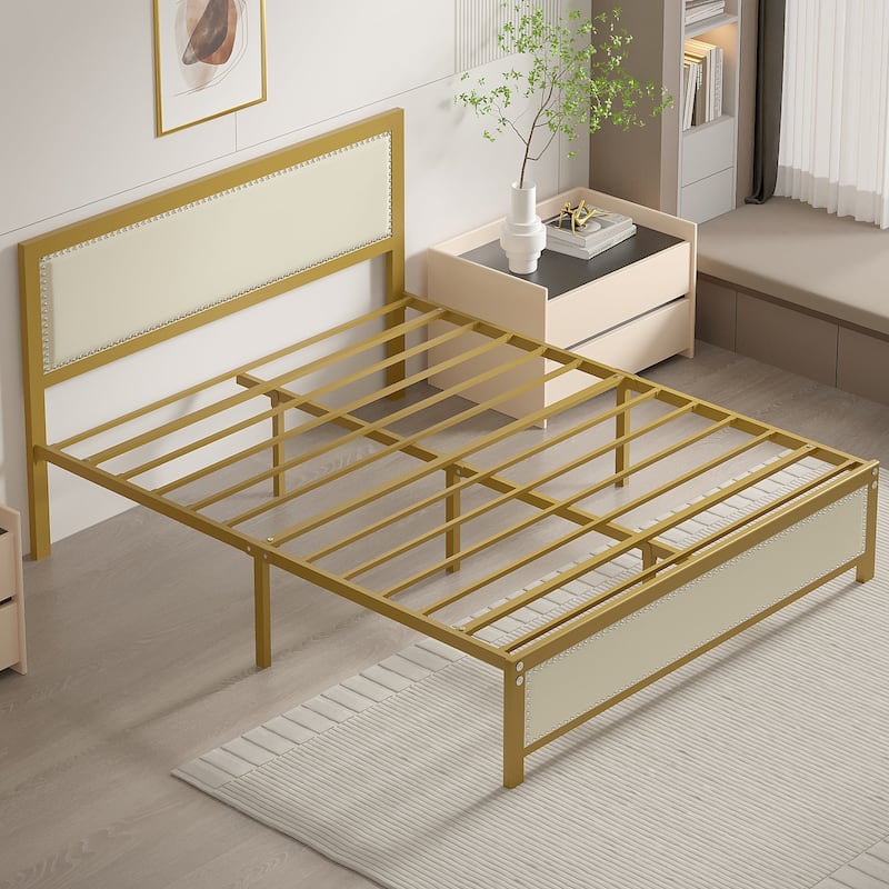 VECELO Bed Frame with Upholstered Linen Headboard and Footboard Heavy-Duty Platform with Strong Metal Slats
