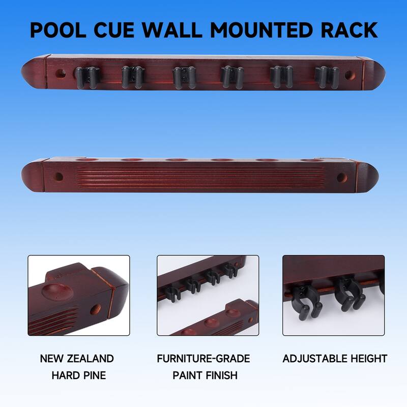 GSE™ 6-Pool Cue Wall Mounting Billiard Cue Rack, 2-Piece Hanging Wall Mounted Pool Cue Stick Holder