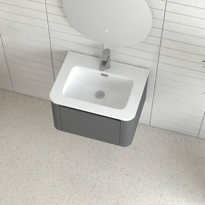 24" Grey Wall Mounted Bathroom Vanity with Basin Floating Vanity Drawer Bathroom Cabinet with White Ceramic Integrated Basin