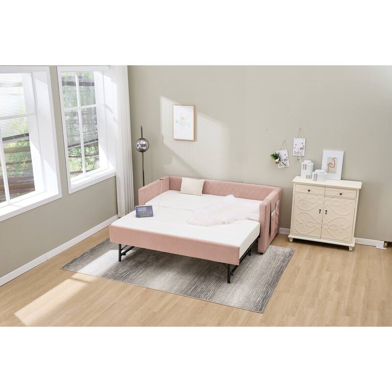 Twin Size Upholstered Daybed with Trundle, Velvet Sofa Bed with USB Port & Side Pockets, Modern V-Grained Backrest Guest Bed