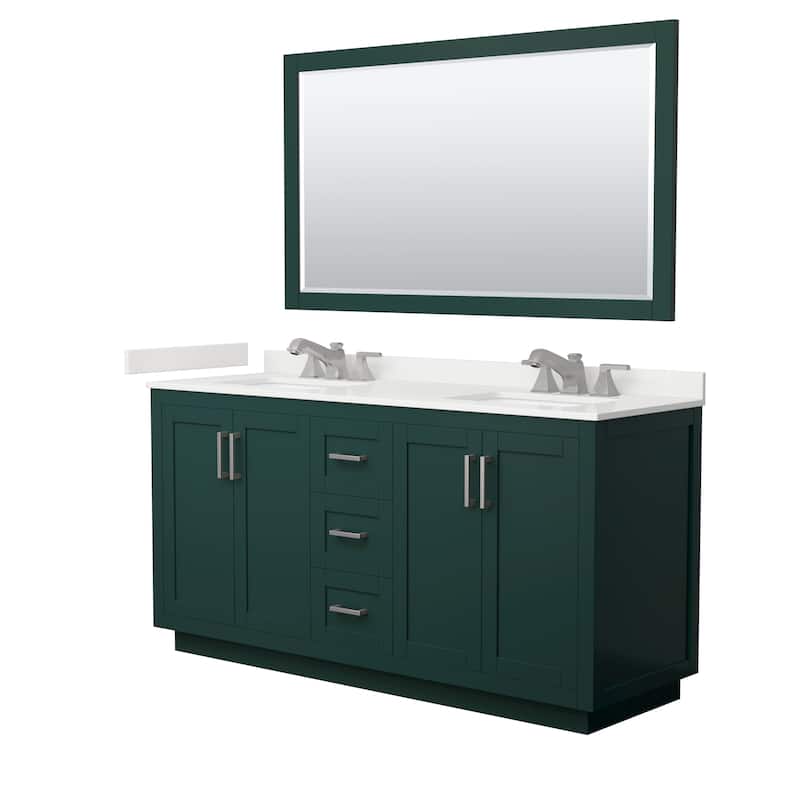 Miranda 66-inch Double Vanity, Quartz Top, 58-inch Mirror - Green, Nickel Trim, White Quartz Top