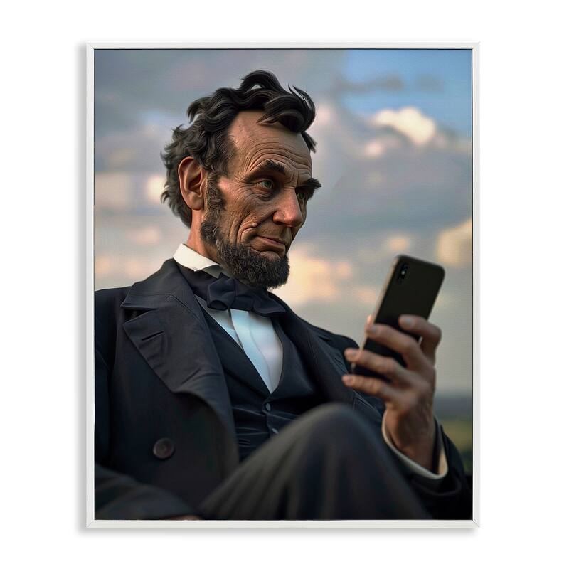 Stupell Abe Lincoln with Cellphone Framed Giclee Art Design By Michael McKinney - 11 x 14 - White